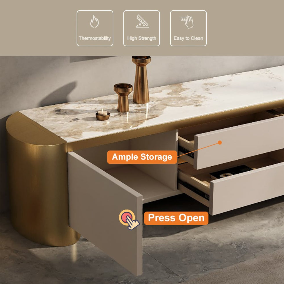 HMR - Modern 78.7" Off White & Gold TV Stand Sintered Stone Top with Storage for TVs up to 85"