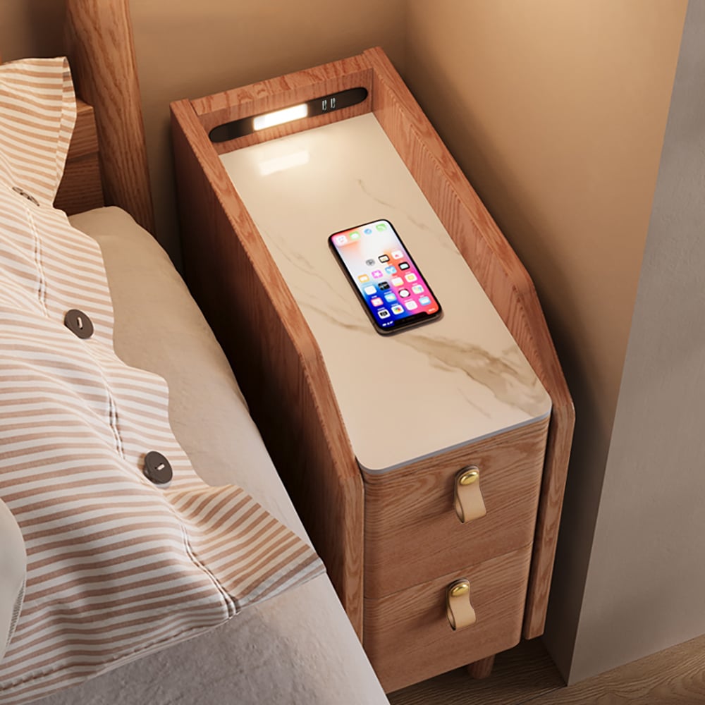 HMR - Modern Narrow Smart Nightstand Cherry Bedside Table with Sensor Light & USB Port