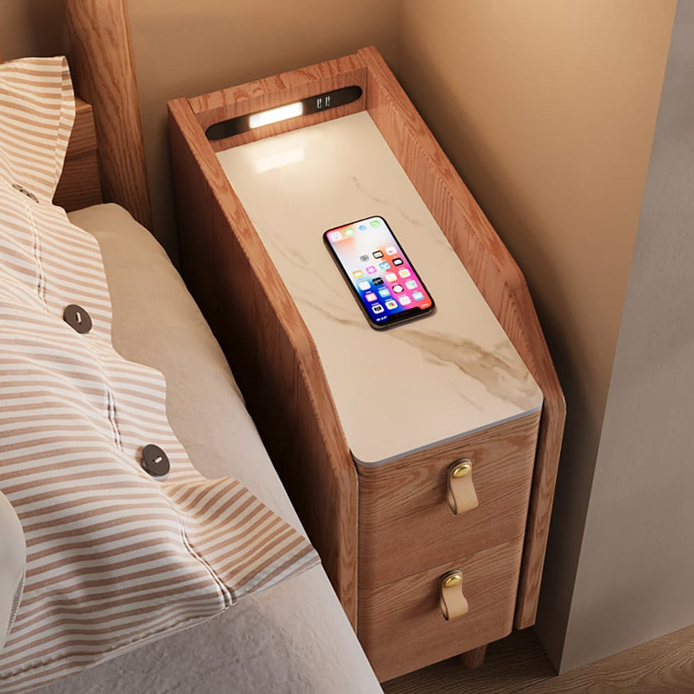 HMR - Modern Narrow Smart Nightstand Cherry Bedside Table with Sensor Light & USB Port