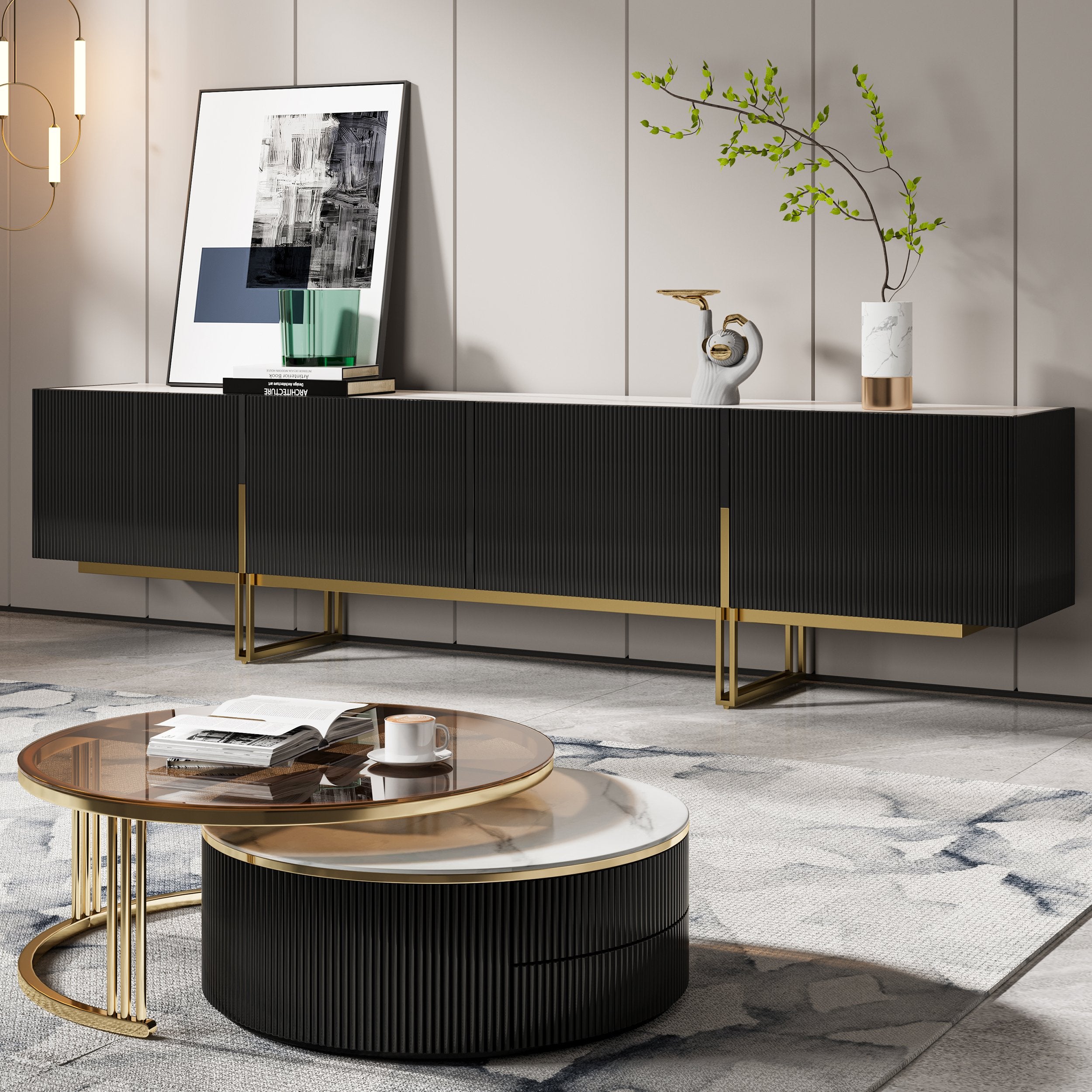HMR - Grovyn Sintered Stone Top Fluted TV Stand with Storage
