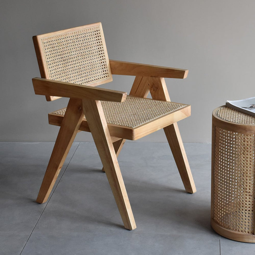 HMR - Archic Japandi Bleached Wood Rattan Dining Chair with Solid Wood Frame