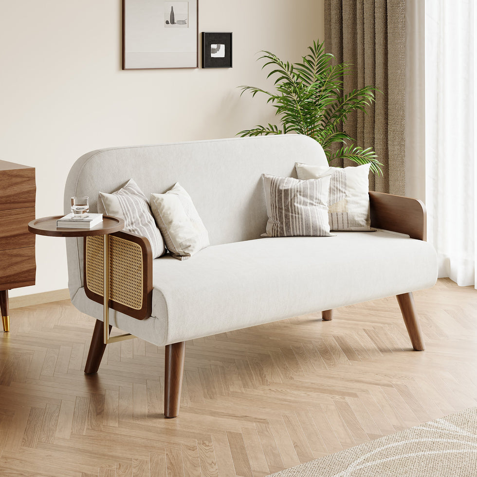 HMR - Velvet & Rattan Sleeper Sofa with Tray
