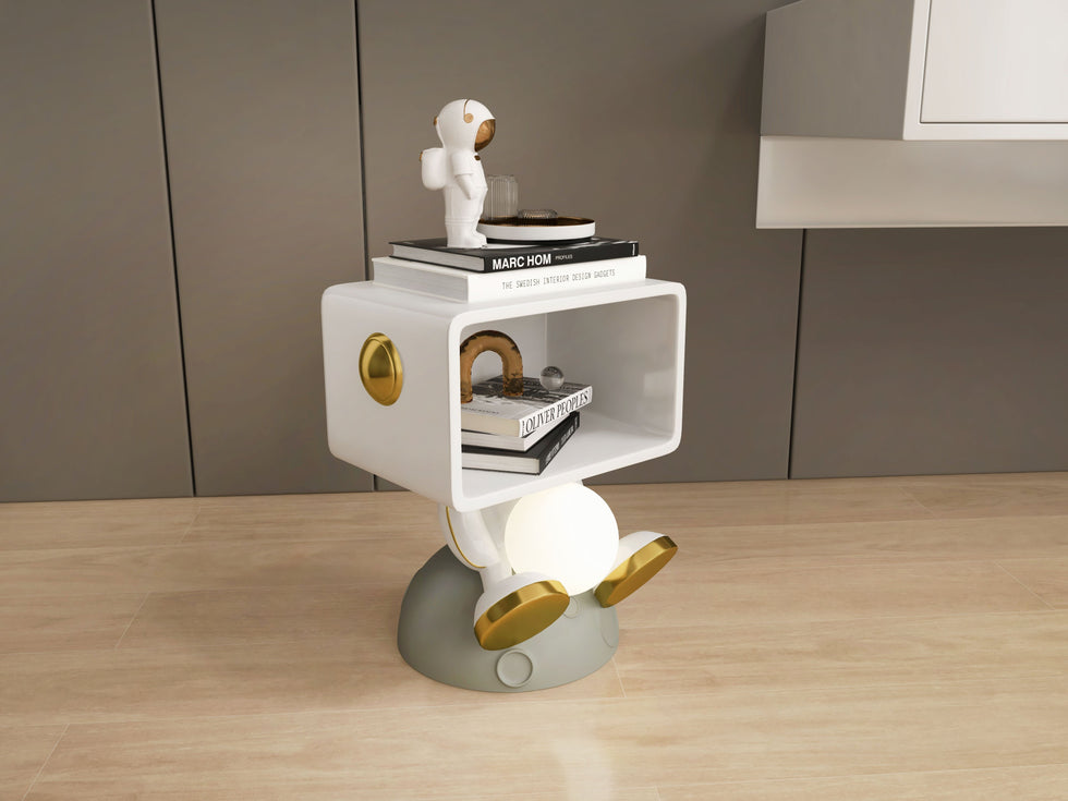 HMR - Modern White & Gold Bedroom Nightstand with Light & Open Storage
