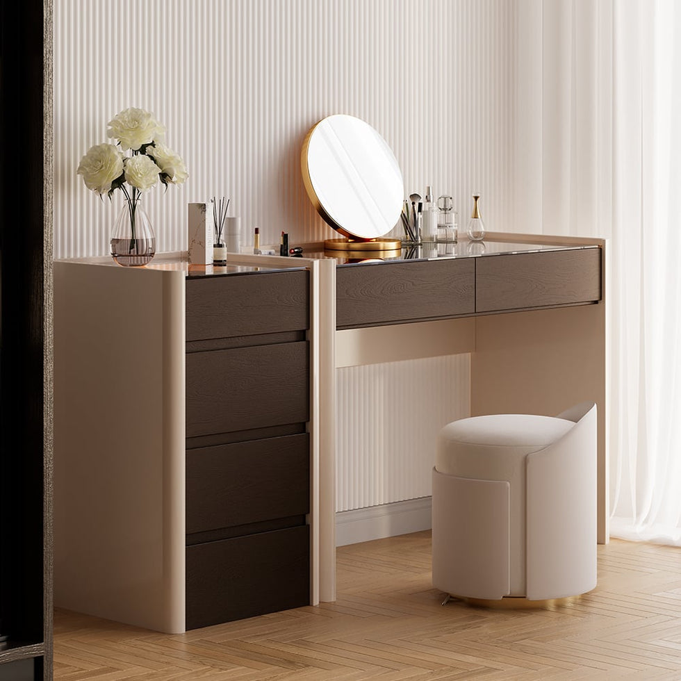 HMR - Modern Walnut Makeup Vanity with Light Dressing Table with Jewelry Storage & Cabinet