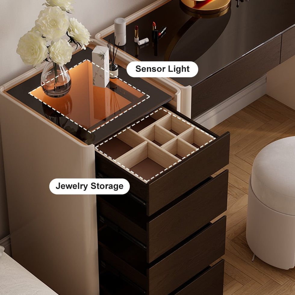 HMR - Modern Walnut Makeup Vanity with Light Dressing Table with Jewelry Storage & Cabinet