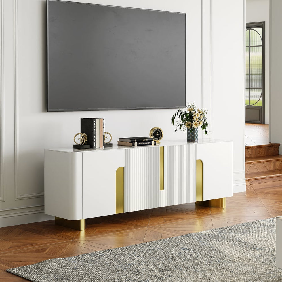 HMR - Artus Modern TV Stand Stone Top 4 Doors with Storage Media Console