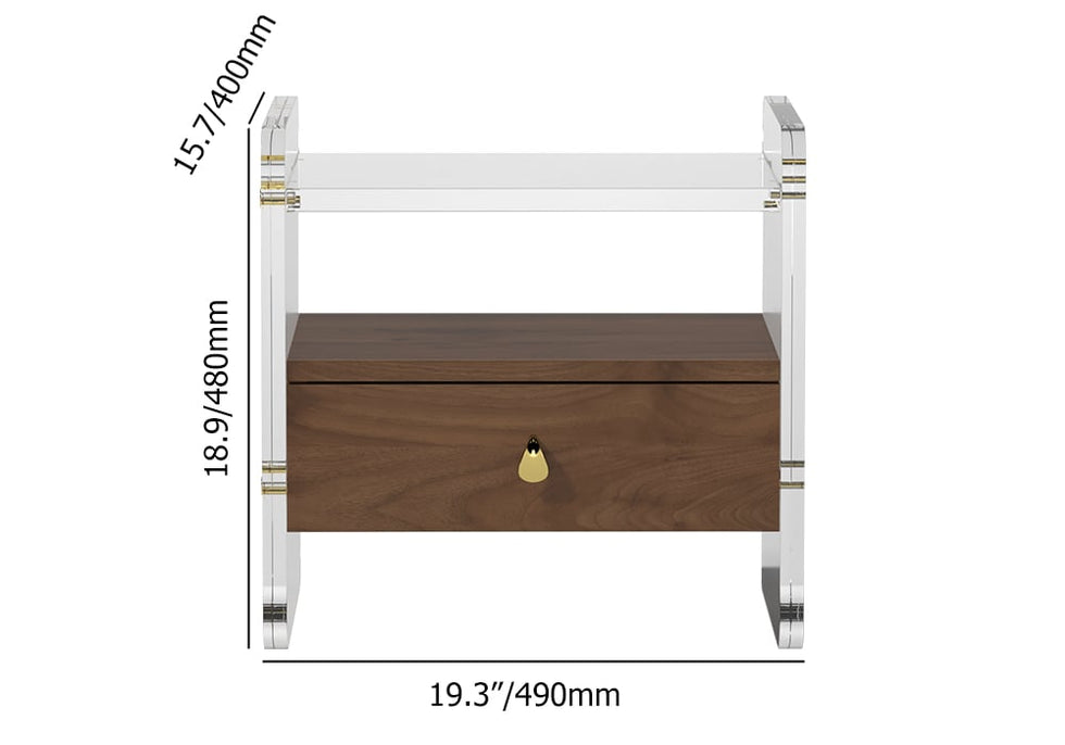 HMR - Modern Clear Acrylic Wood Nightstand with Storage & Shelf for Bedroom