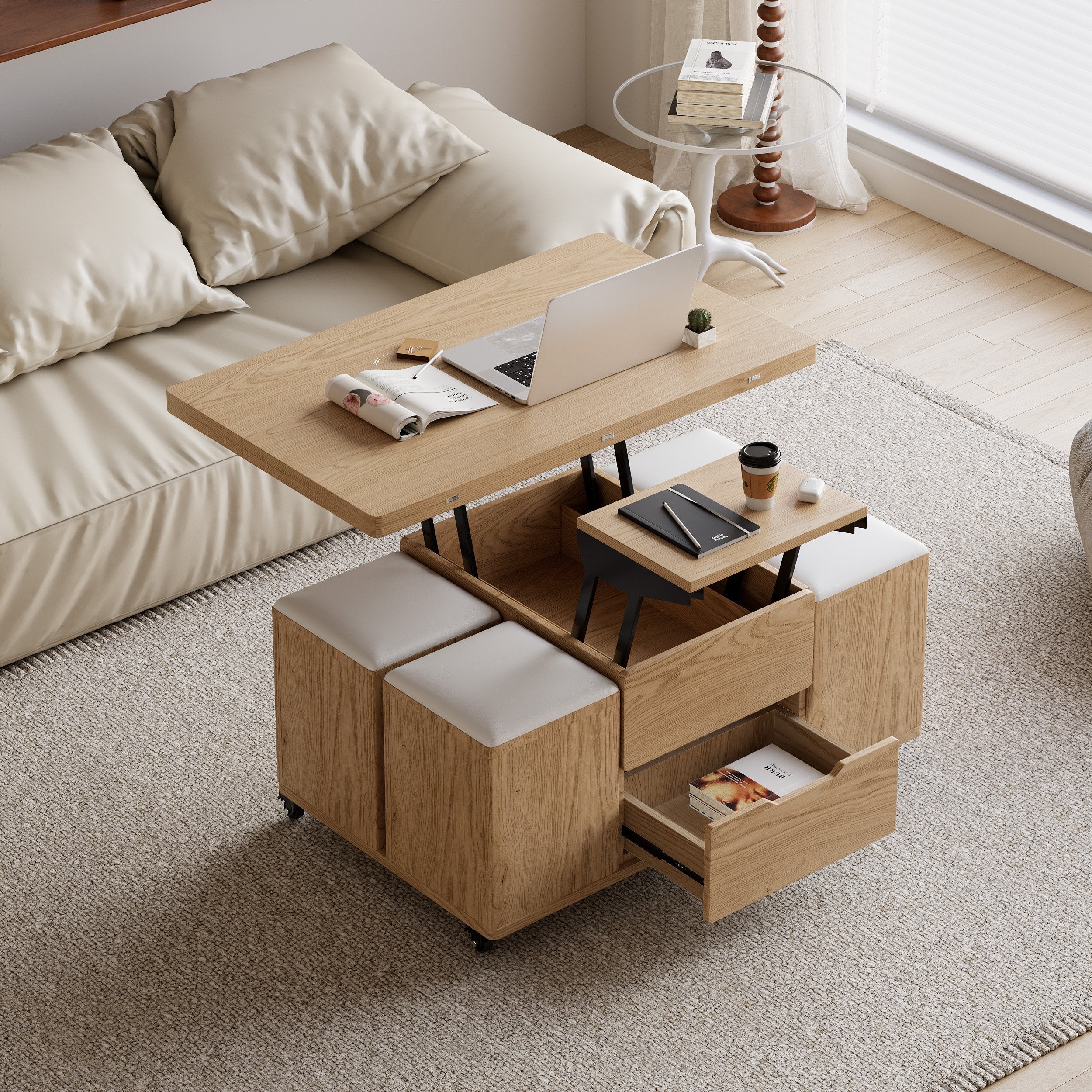 HMR - 39" Lift-Top Foldable Coffee Table with 4 Stools & Storage