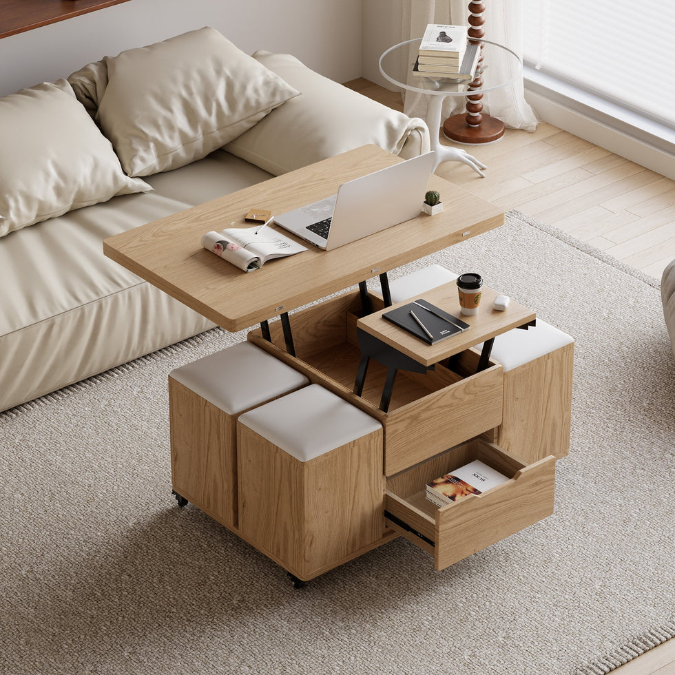 HMR - 39" Lift-Top Foldable Coffee Table with 4 Stools & Storage