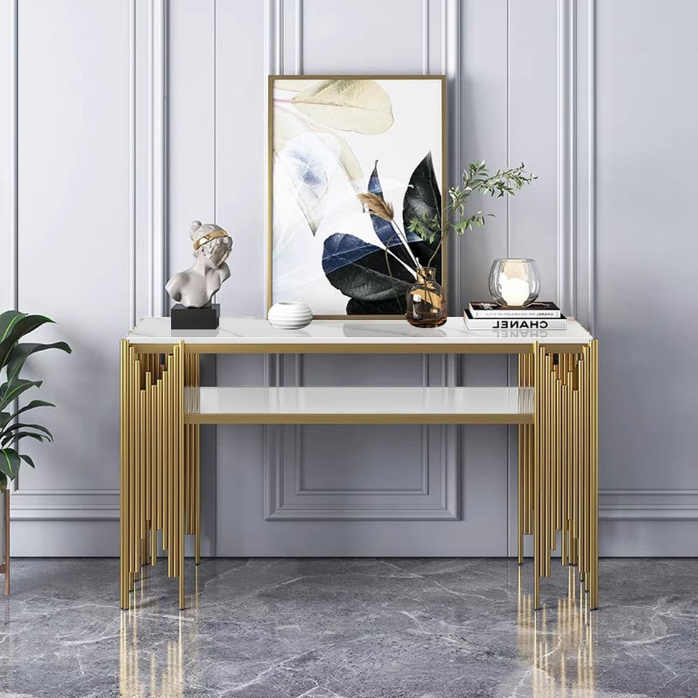 HMR - 47.2" Modern Faux Marble Narrow Console Table with Storage Shelf and 4 Gold Legs