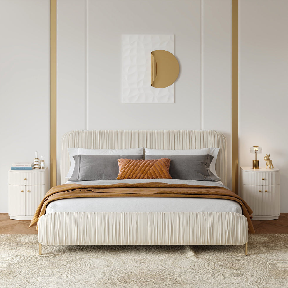 HMR - King Size Velvet Ruched Upholstered Bed Frame with Light & Charging Station