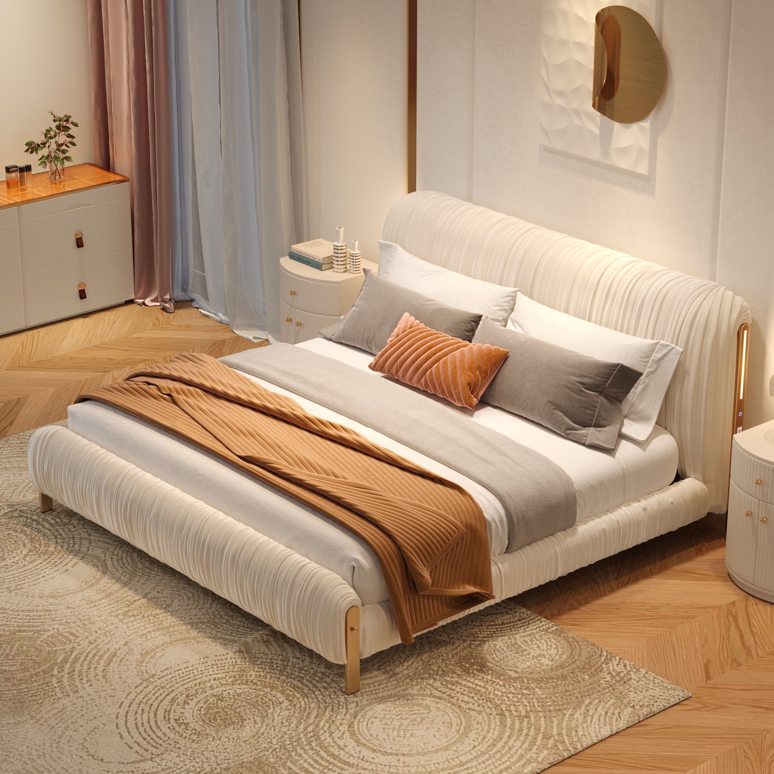 HMR - King Size Velvet Ruched Upholstered Bed Frame with Light & Charging Station