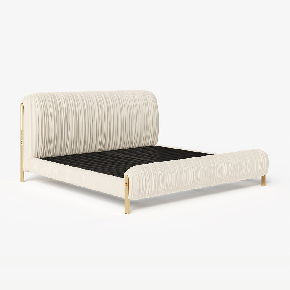 HMR - King Size Velvet Ruched Upholstered Bed Frame with Light & Charging Station