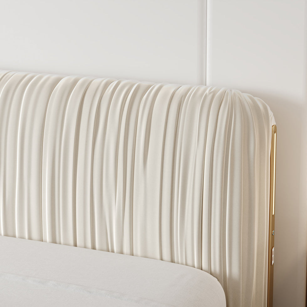 HMR - King Size Velvet Ruched Upholstered Bed Frame with Light & Charging Station
