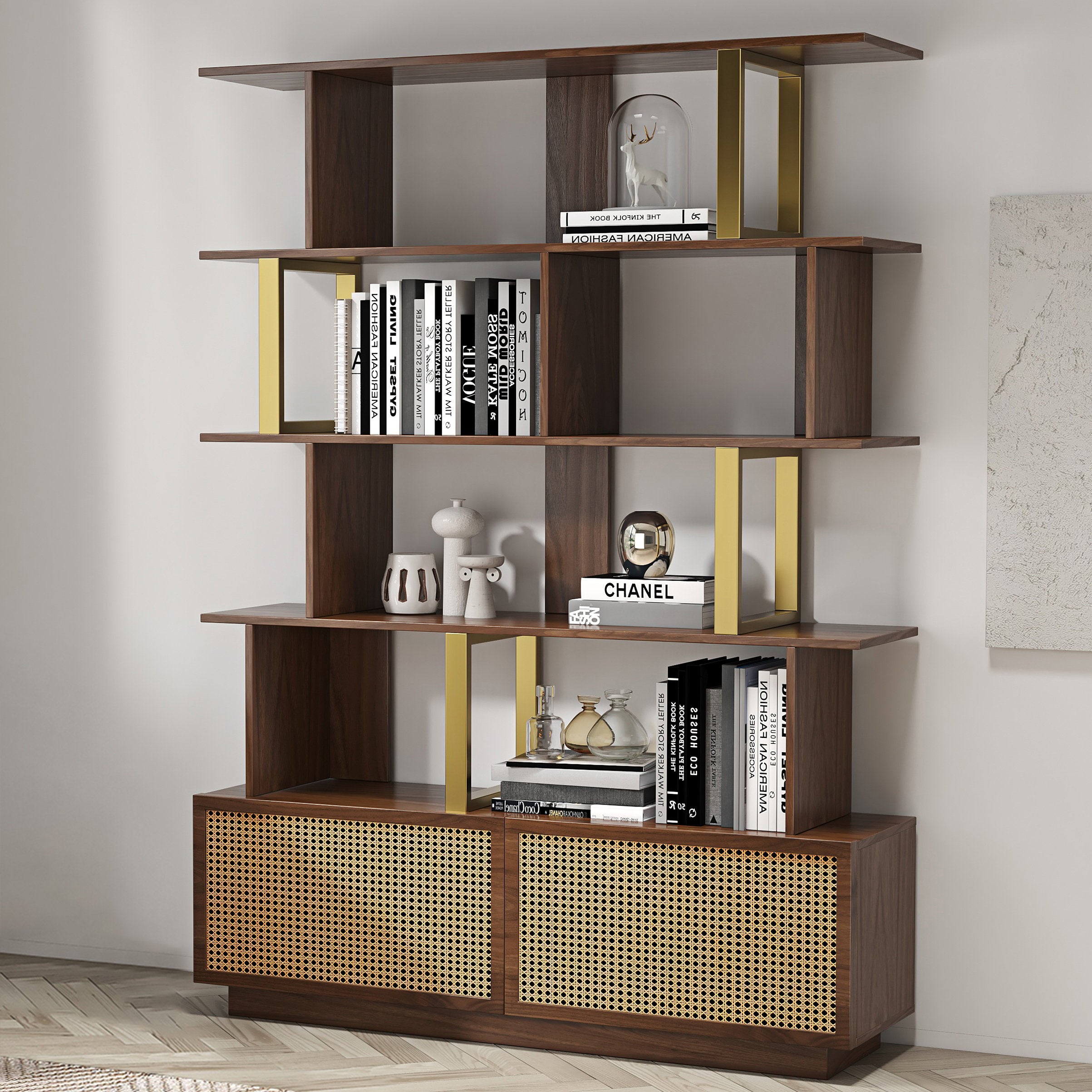 HMR - 5-Tier Wood Bookshelf with 2 Doors Modern Bookcase in Gold Finish