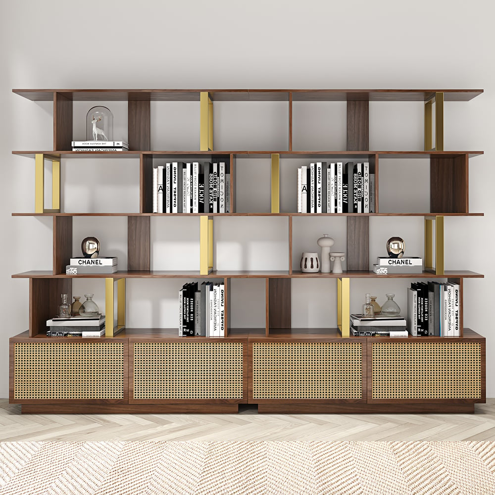 HMR - 5-Tier Wood Bookshelf with 2 Doors Modern Bookcase in Gold Finish