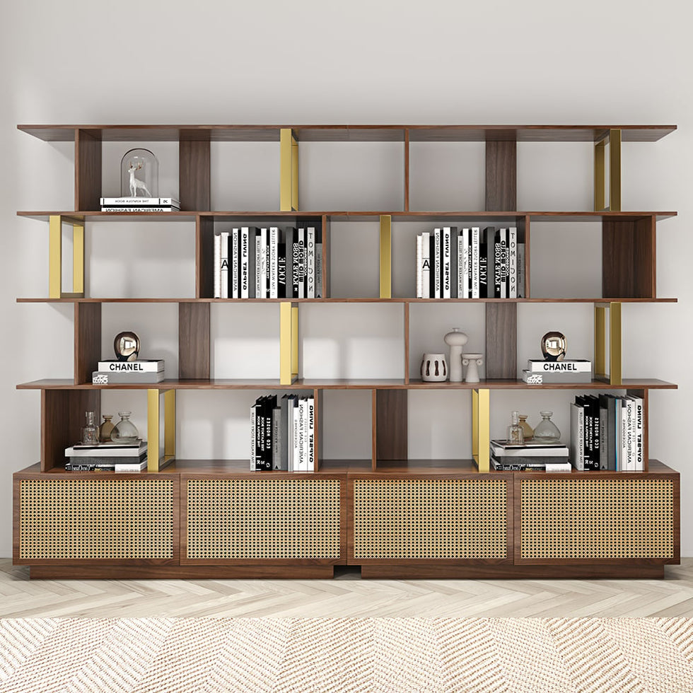 HMR - 5-Tier Wood Bookshelf with 2 Doors Modern Bookcase in Gold Finish