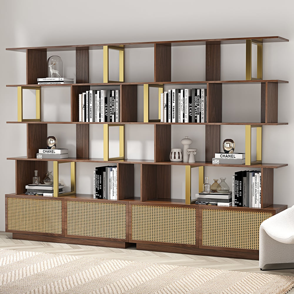 HMR - 5-Tier Wood Bookshelf with 2 Doors Modern Bookcase in Gold Finish