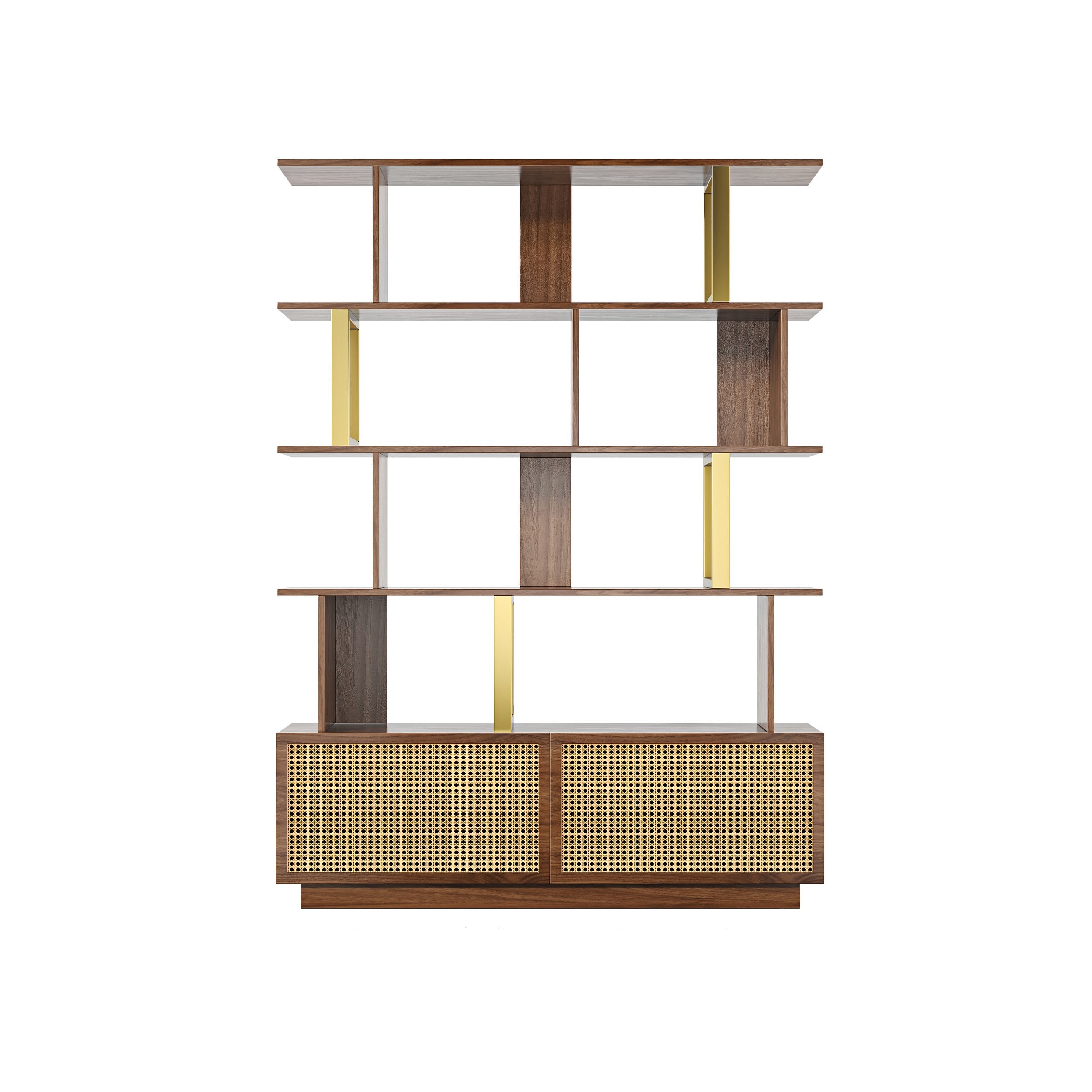 HMR - 5-Tier Wood Bookshelf with 2 Doors Modern Bookcase in Gold Finish
