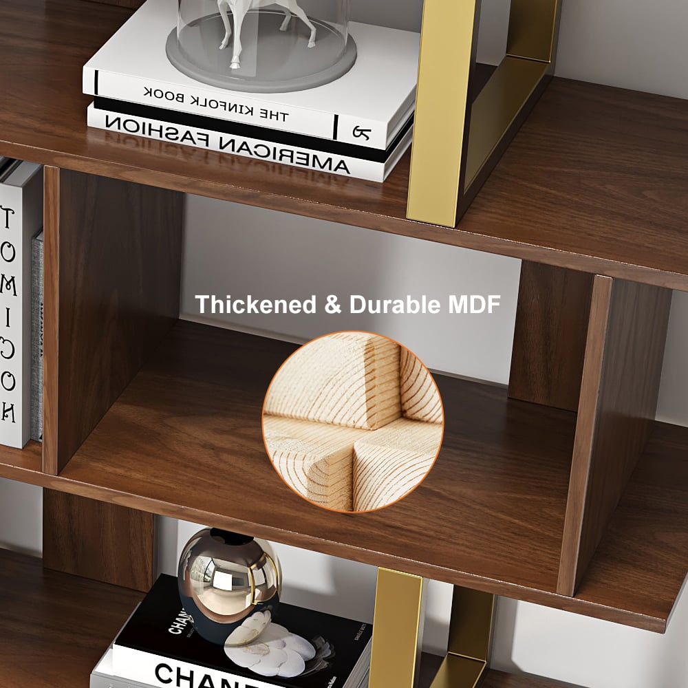 HMR - 5-Tier Wood Bookshelf with 2 Doors Modern Bookcase in Gold Finish