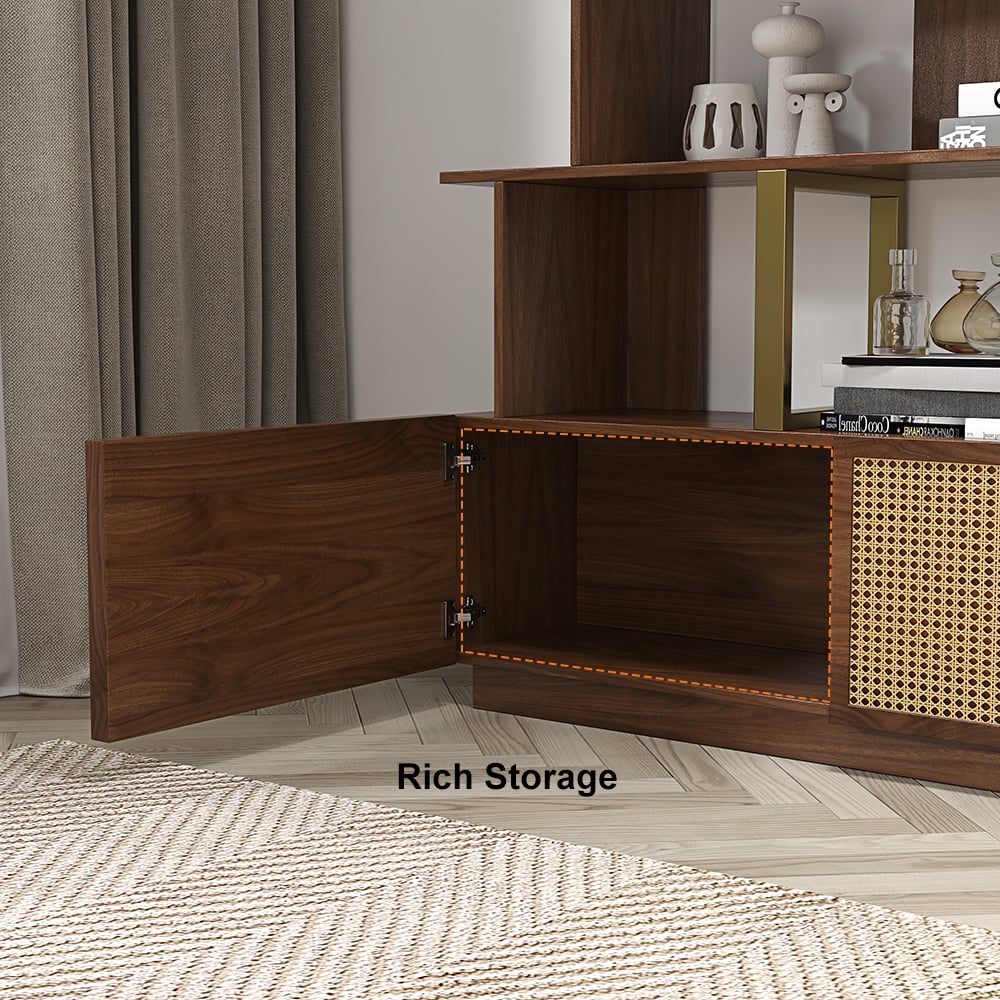 HMR - 5-Tier Wood Bookshelf with 2 Doors Modern Bookcase in Gold Finish