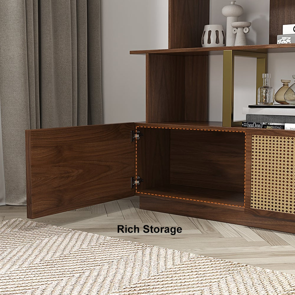 HMR - 5-Tier Wood Bookshelf with 2 Doors Modern Bookcase in Gold Finish