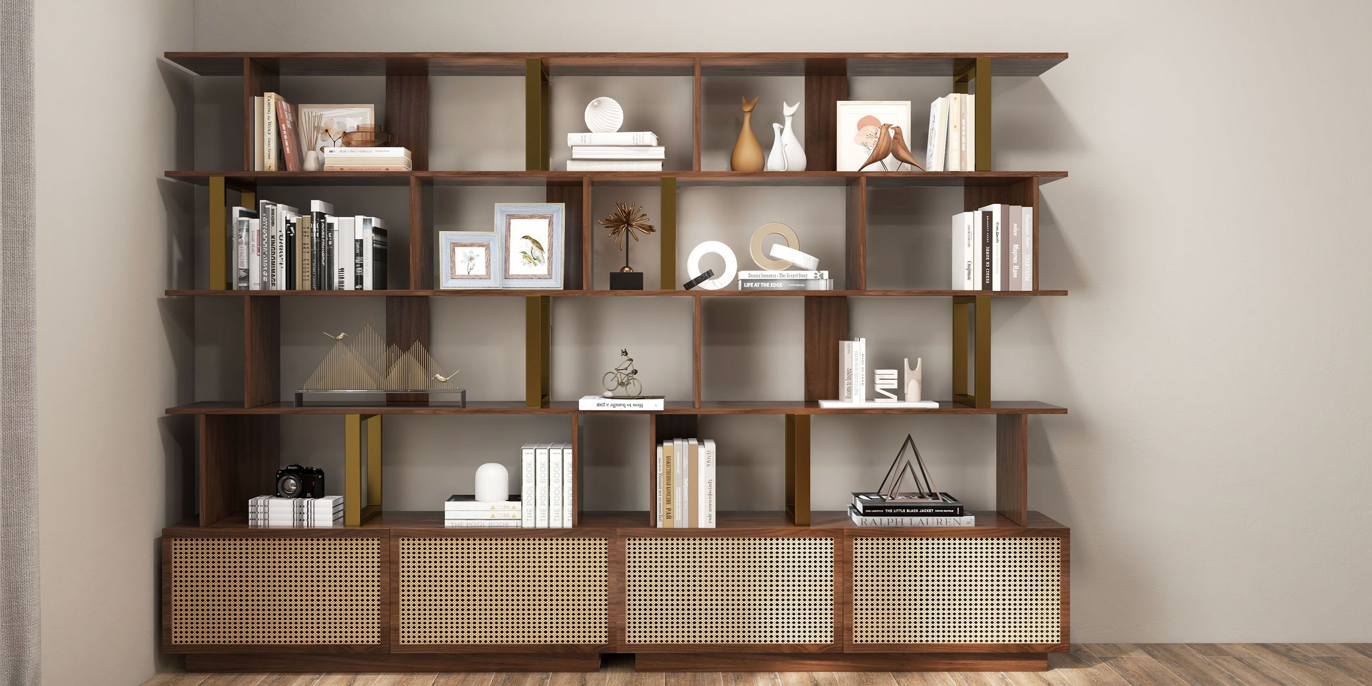 HMR - 5-Tier Wood Bookshelf with 2 Doors Modern Bookcase in Gold Finish