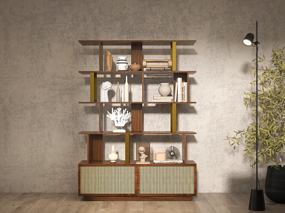 HMR - 5-Tier Wood Bookshelf with 2 Doors Modern Bookcase in Gold Finish