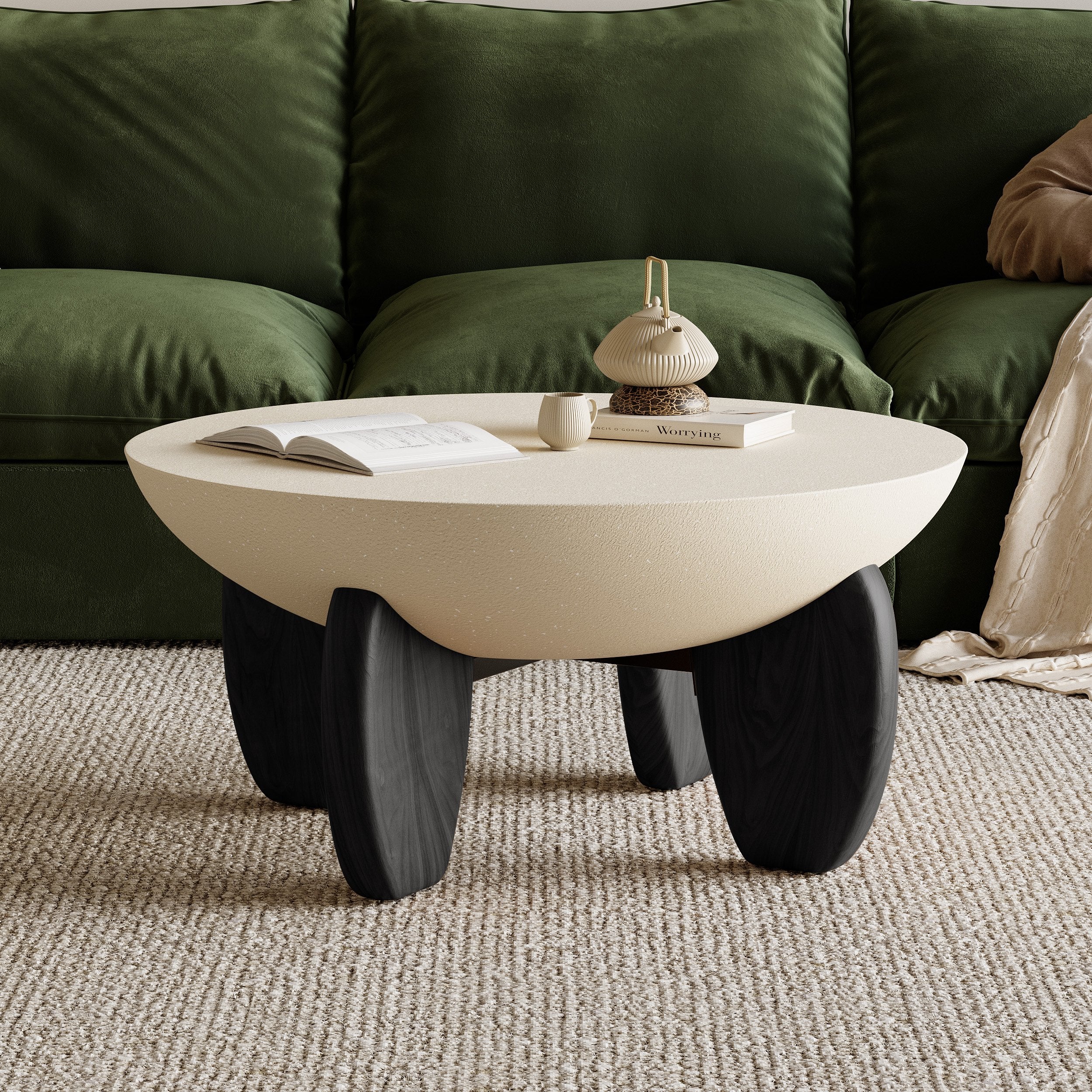 HMR - Curva Round Concrete Coffee Table with Wood Legs