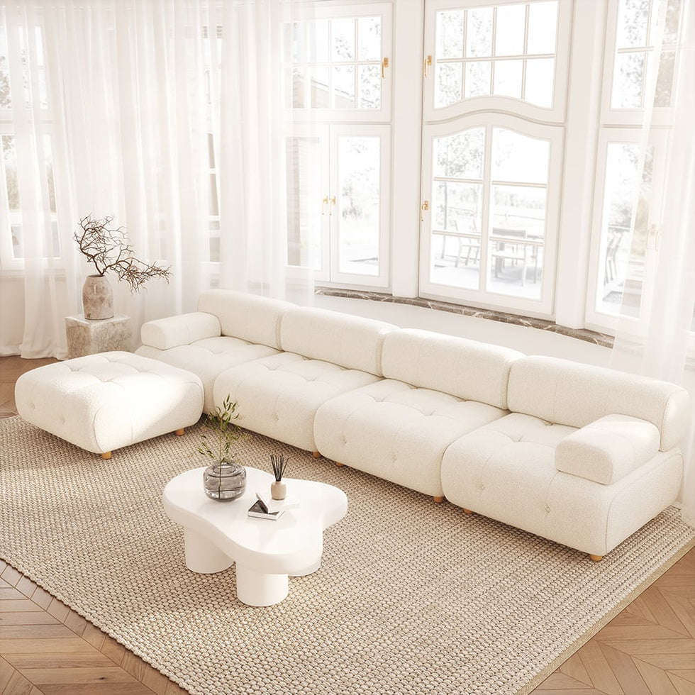 HMR - Modern L-Shaped Modular White Boucle Corner Sectional Sofa Loveseat with Wood Legs