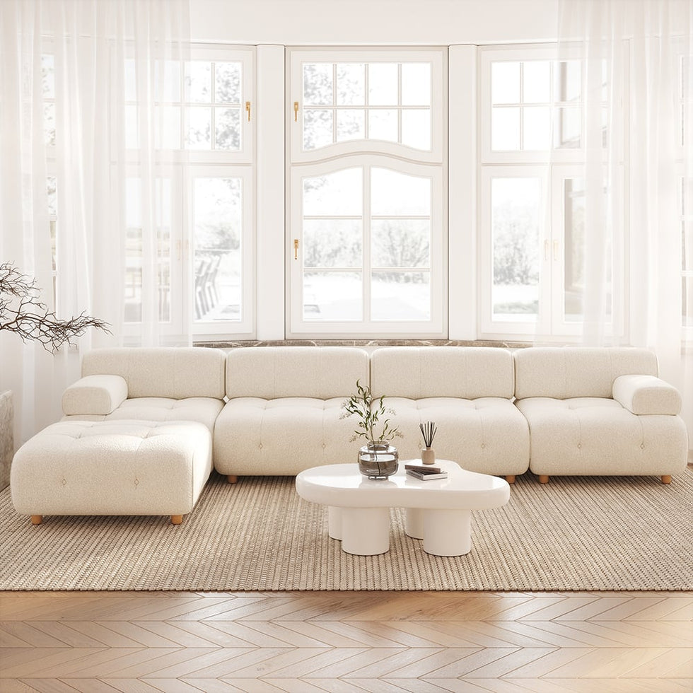 HMR - Modern L-Shaped Modular White Boucle Corner Sectional Sofa Loveseat with Wood Legs