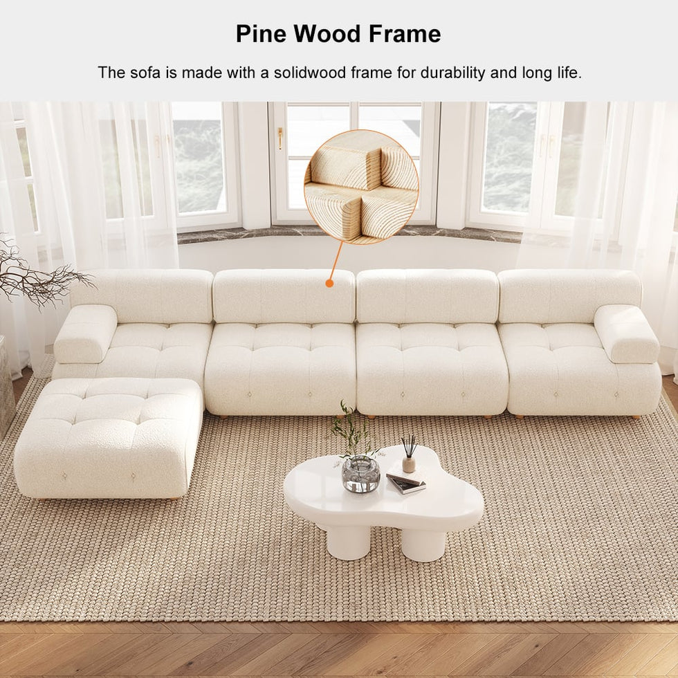 HMR - Modern L-Shaped Modular White Boucle Corner Sectional Sofa Loveseat with Wood Legs