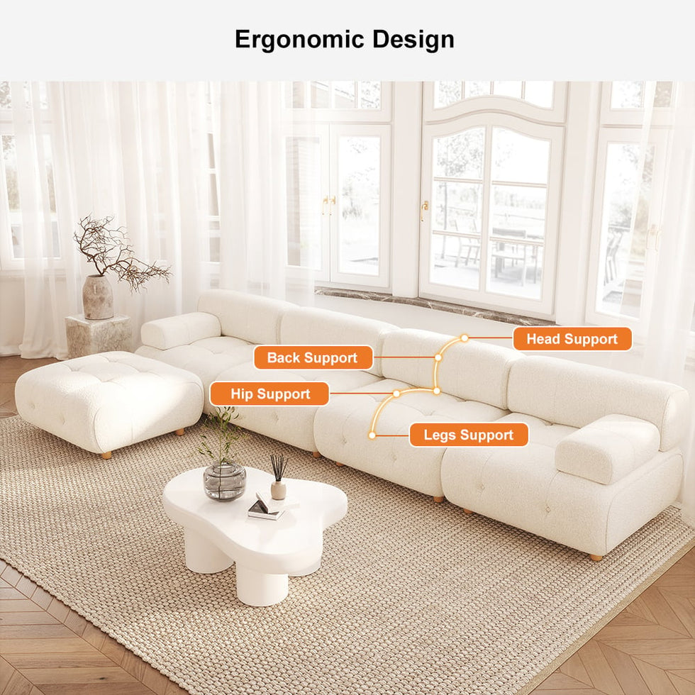 HMR - Modern L-Shaped Modular White Boucle Corner Sectional Sofa Loveseat with Wood Legs
