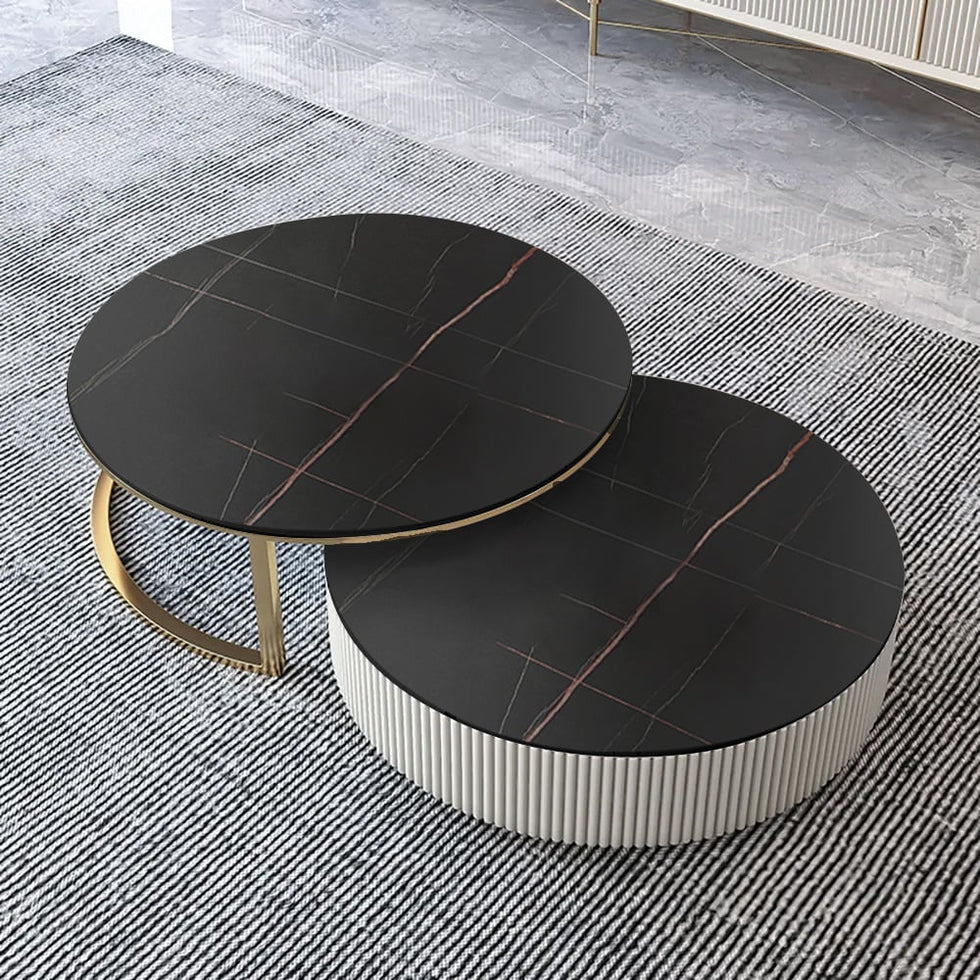 HMR - Round 2-Piece Sintered Stone Top Nesting Coffee Table with Drawer