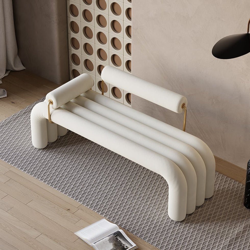 HMR - Modern Line Tufted Bench Velvet Upholstered Entryway Bench in Gold Finish