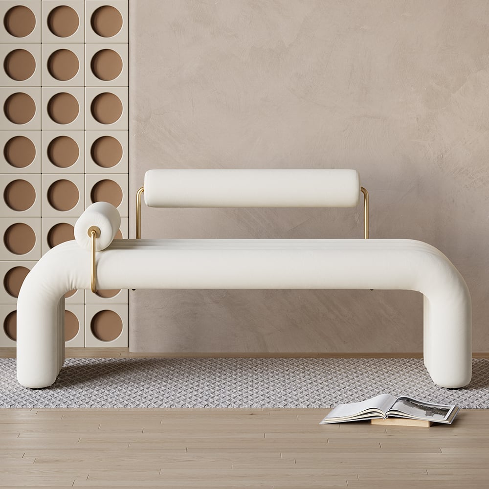 HMR - Modern Line Tufted Bench Velvet Upholstered Entryway Bench in Gold Finish