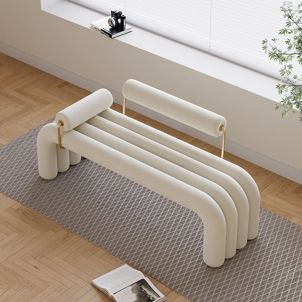HMR - Modern Line Tufted Bench Velvet Upholstered Entryway Bench in Gold Finish