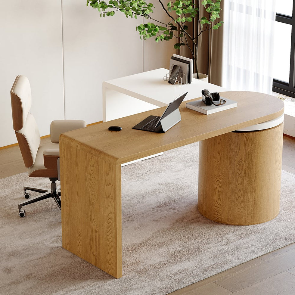 HMR - 59.8" Modern L-Shaped Rotatable Executive Office Desk with Cabinet & 2 Drawers