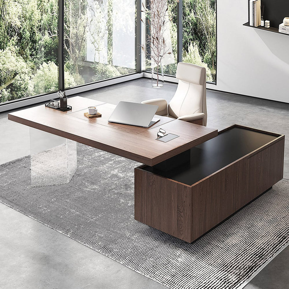 HMR - 71.5" Modern L-Shape Standing Executive Desk with Side Cabinet and lifter Desktop