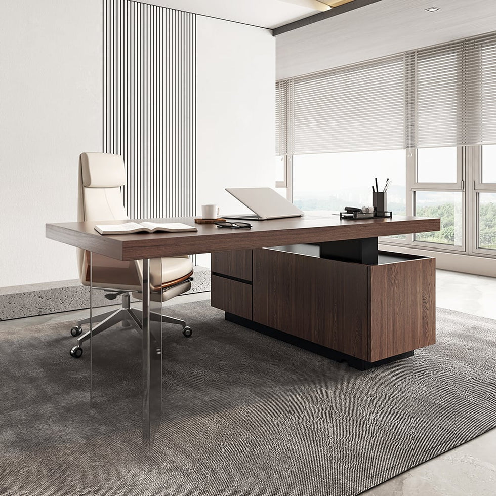 HMR - 71.5" Modern L-Shape Standing Executive Desk with Side Cabinet and lifter Desktop
