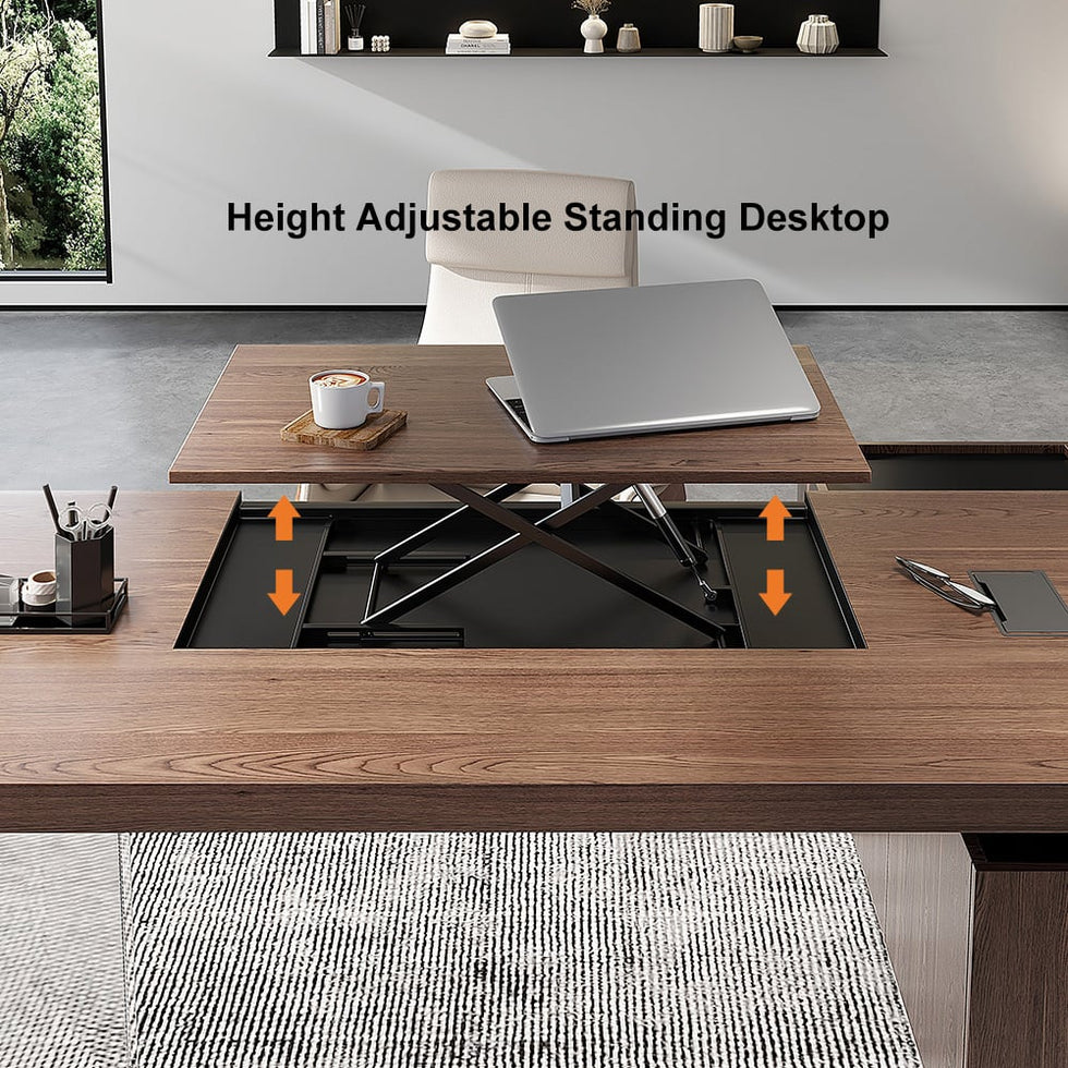 HMR - 71.5" Modern L-Shape Standing Executive Desk with Side Cabinet and lifter Desktop