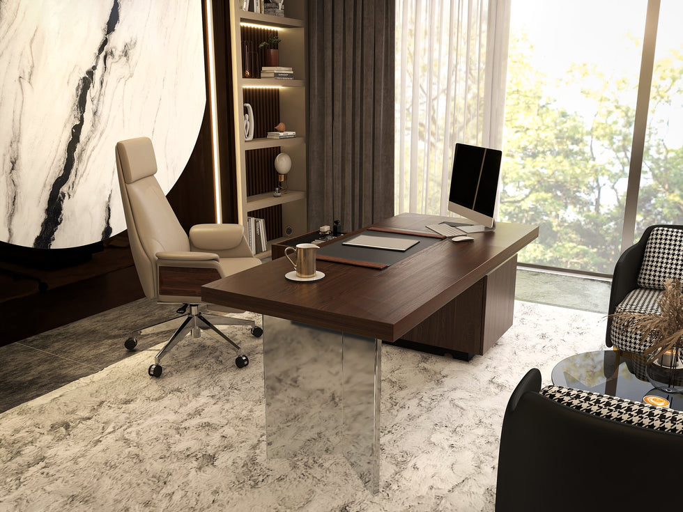 HMR - 71.5" Modern L-Shape Standing Executive Desk with Side Cabinet and lifter Desktop