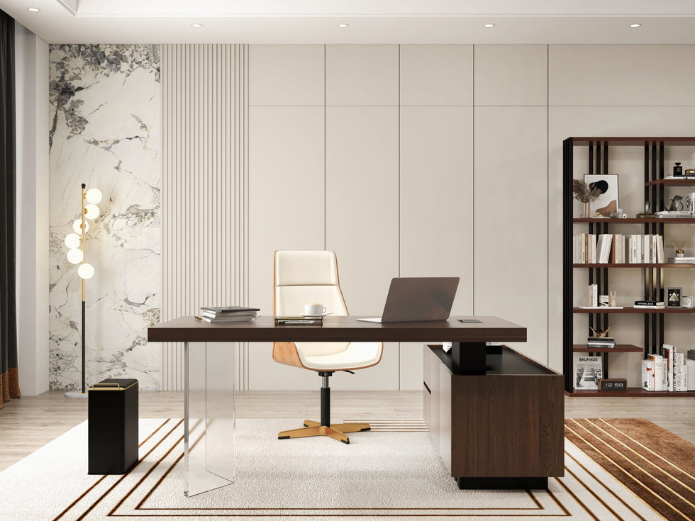 HMR - 71.5" Modern L-Shape Standing Executive Desk with Side Cabinet and lifter Desktop