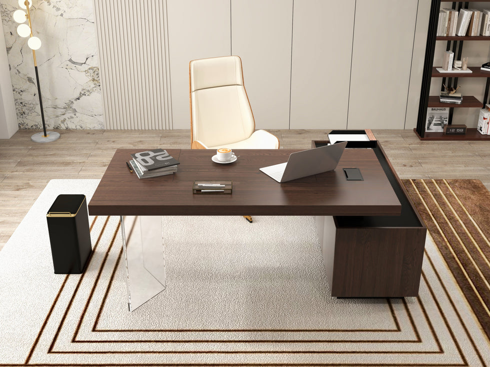 HMR - 71.5" Modern L-Shape Standing Executive Desk with Side Cabinet and lifter Desktop