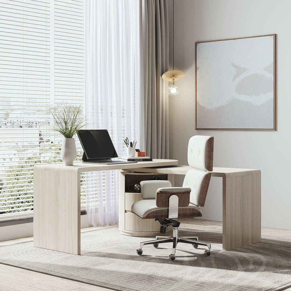 HMR - Modern Set L-Shaped Desk & Reclining Leather Office Adjustable Swivel Chair