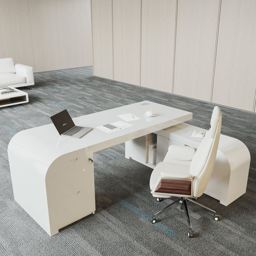 HMR - L-shaped Modern Executive Desk & Reclining Leather Office Chair