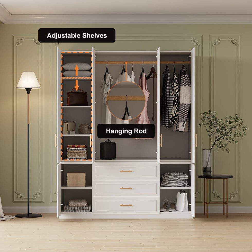 HMR - Modern Luxury White Wide Armoire Clothes Cabinet with 3 Drawers & 6 Doors