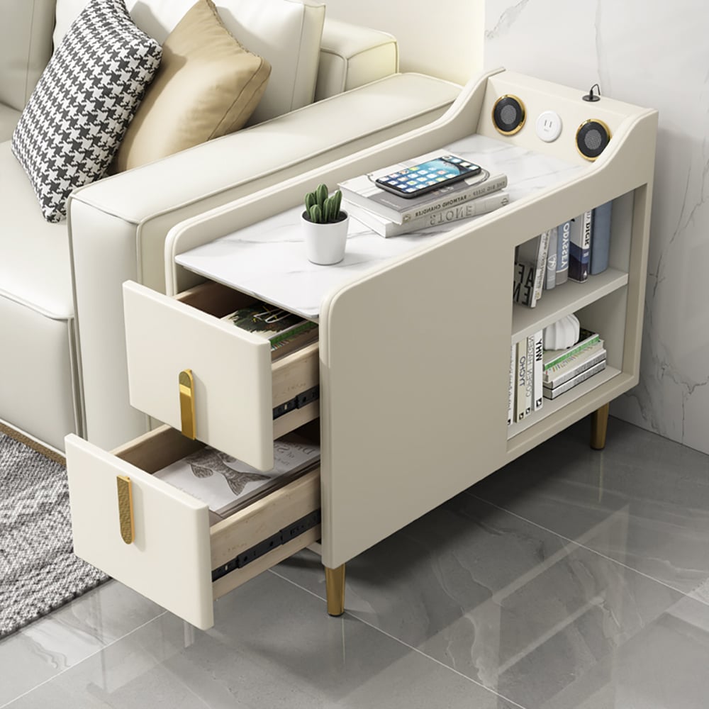 HMR - Modern Multifunctional Narrow Side Table Sintered Stone Top End Table Speaker & USB Port