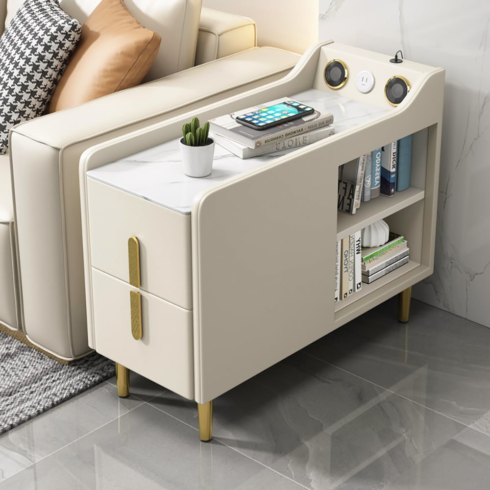HMR - Modern Multifunctional Narrow Side Table Sintered Stone Top End Table Speaker & USB Port