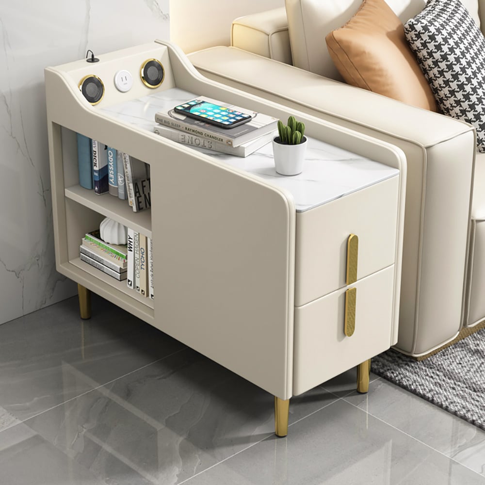 HMR - Modern Multifunctional Narrow Side Table Sintered Stone Top End Table Speaker & USB Port